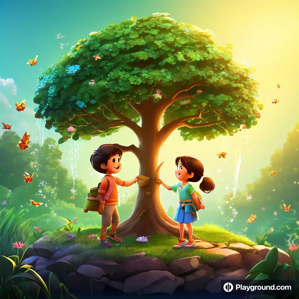 a boy and a girl standing in front of a tree