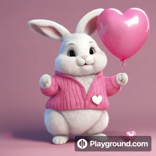 a white bunny holding a pink heart balloon