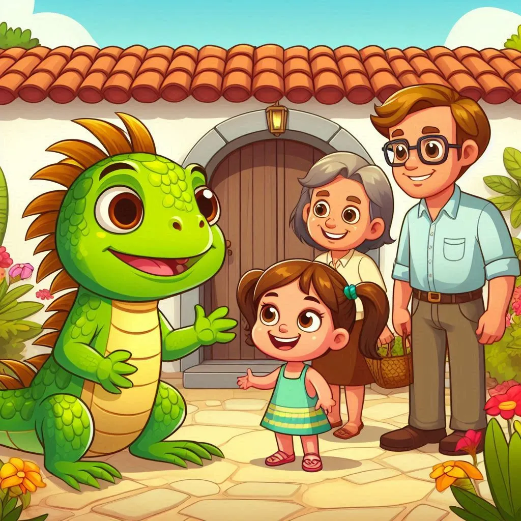 a family standing in front of a green dragon