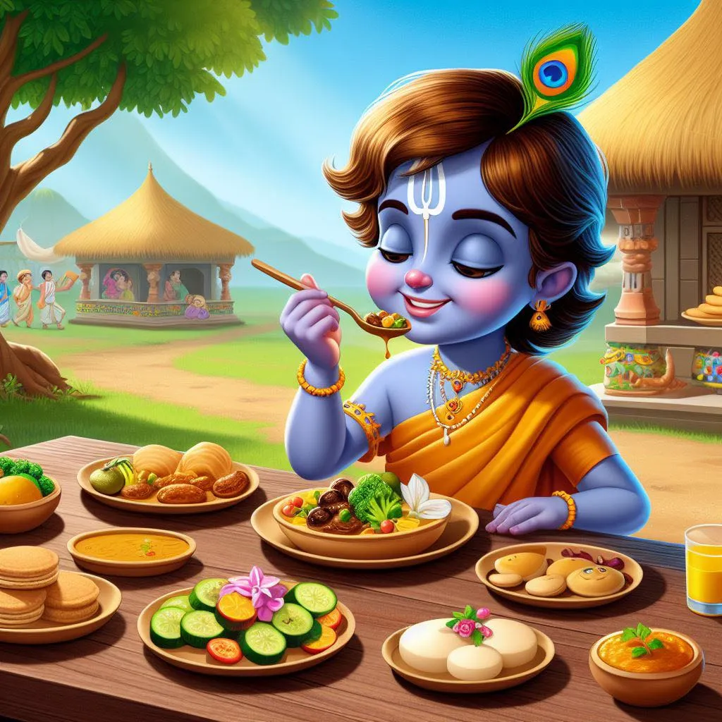 a painting of a krishna eating food on a table