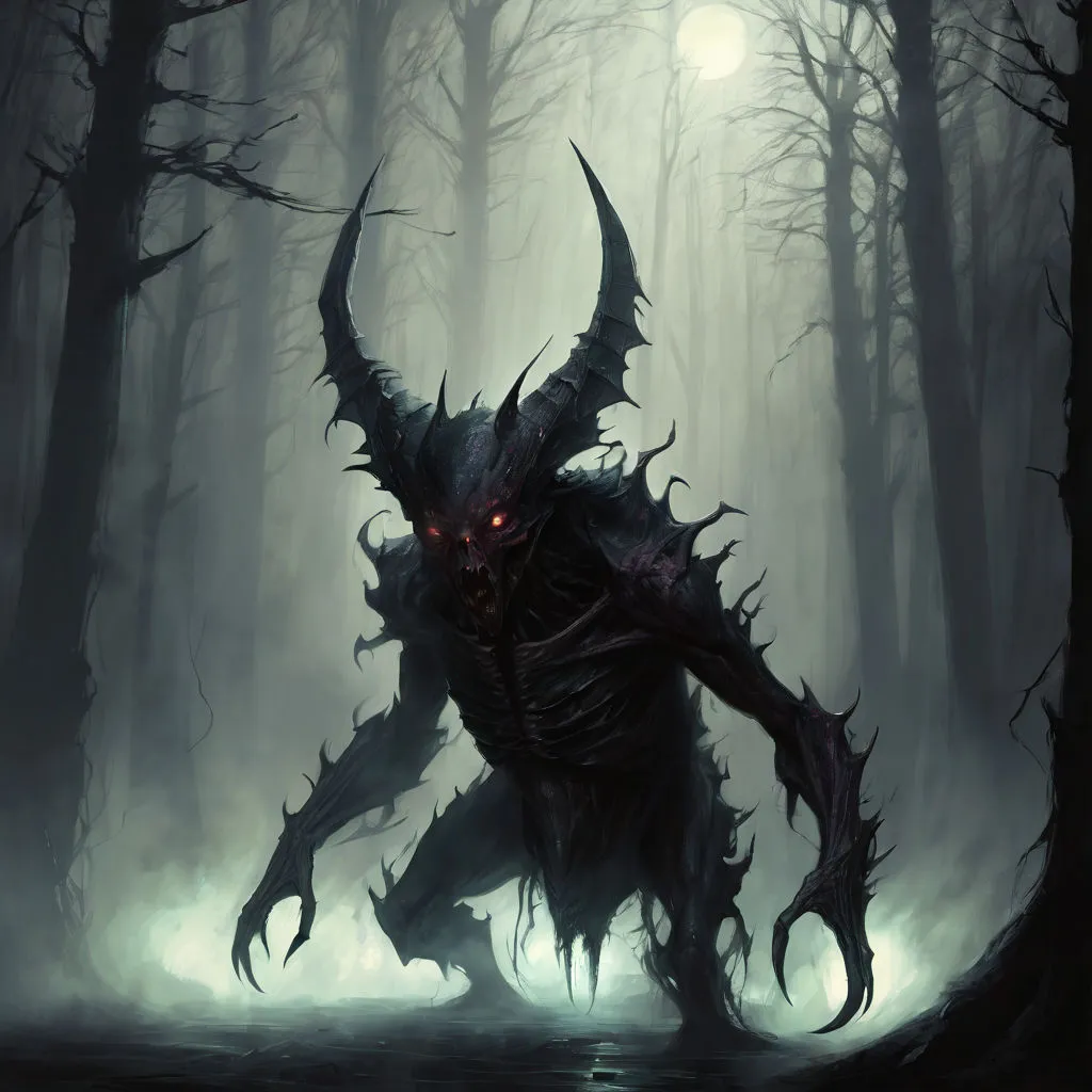 a demonic creature in the middle of a forest