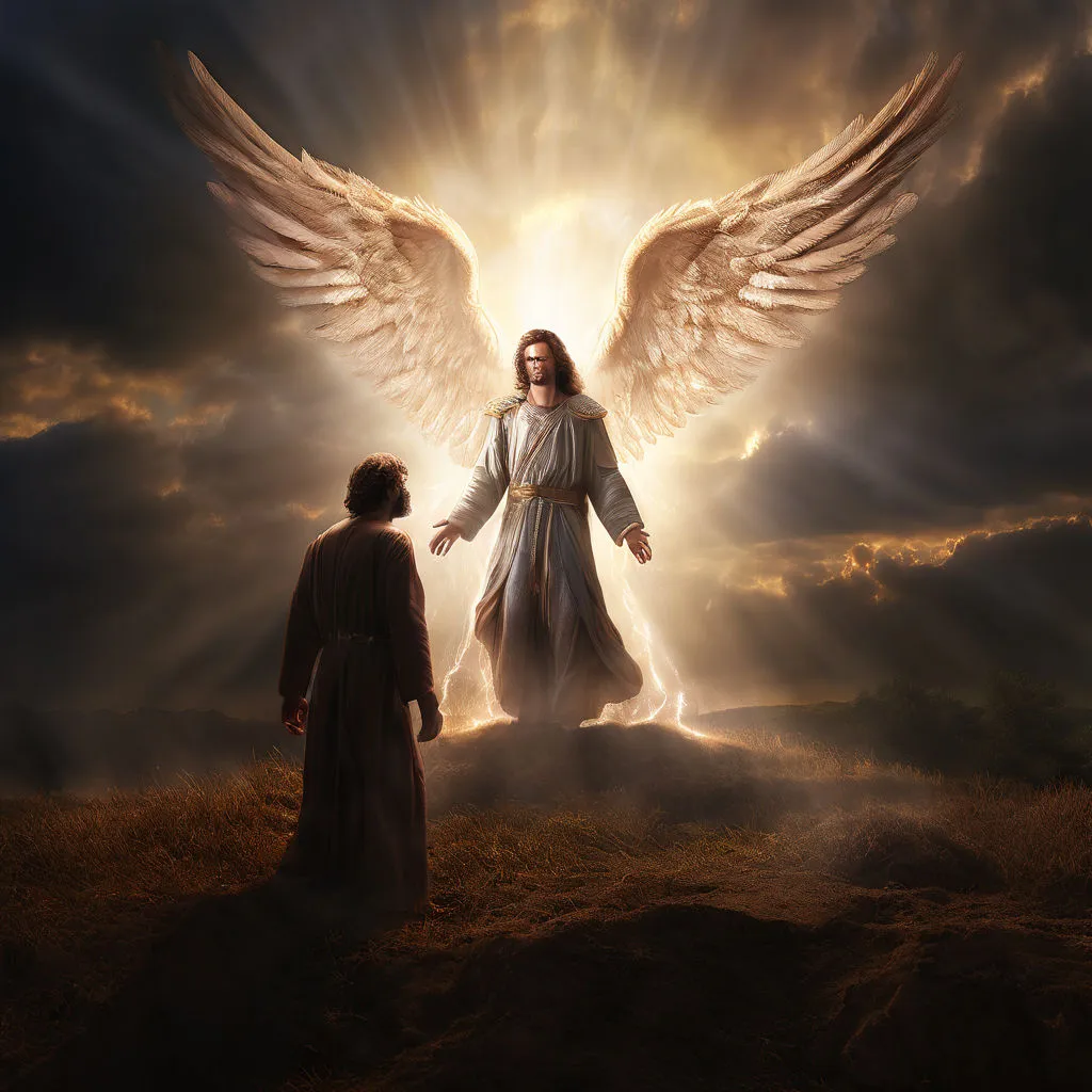 a man standing next to an angel in a field