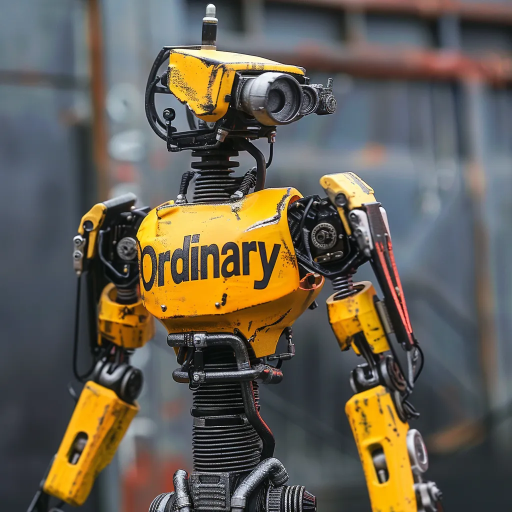 A yellow and black robot standing in front of a sleek, modern building on a busy city street at night