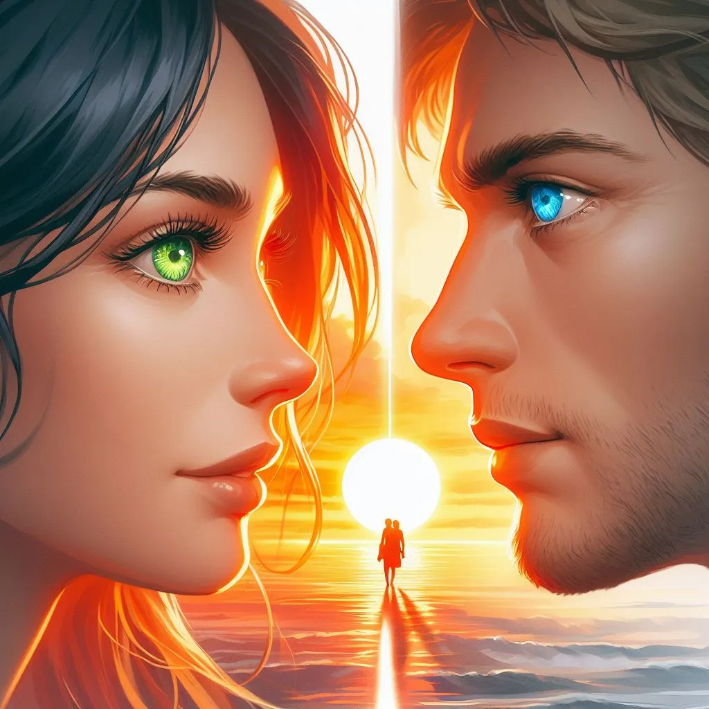 Time-lapse from sunrise to sunset, showing a woman with green eyes and a man with blue eyes in love 