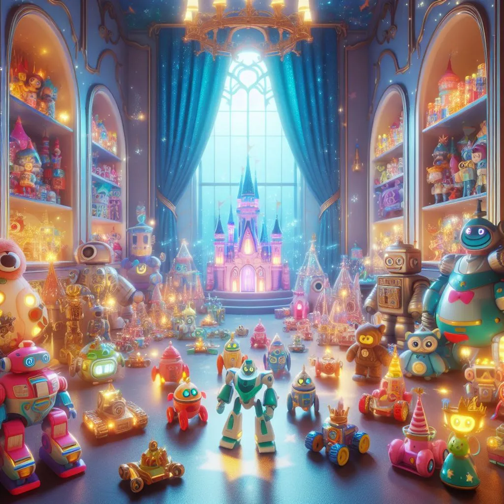 Pan through a magical room filled with robots, rockets, castles, and crowns, highlighting each toy with bright and colorful animations, Disney style, cartoon style 