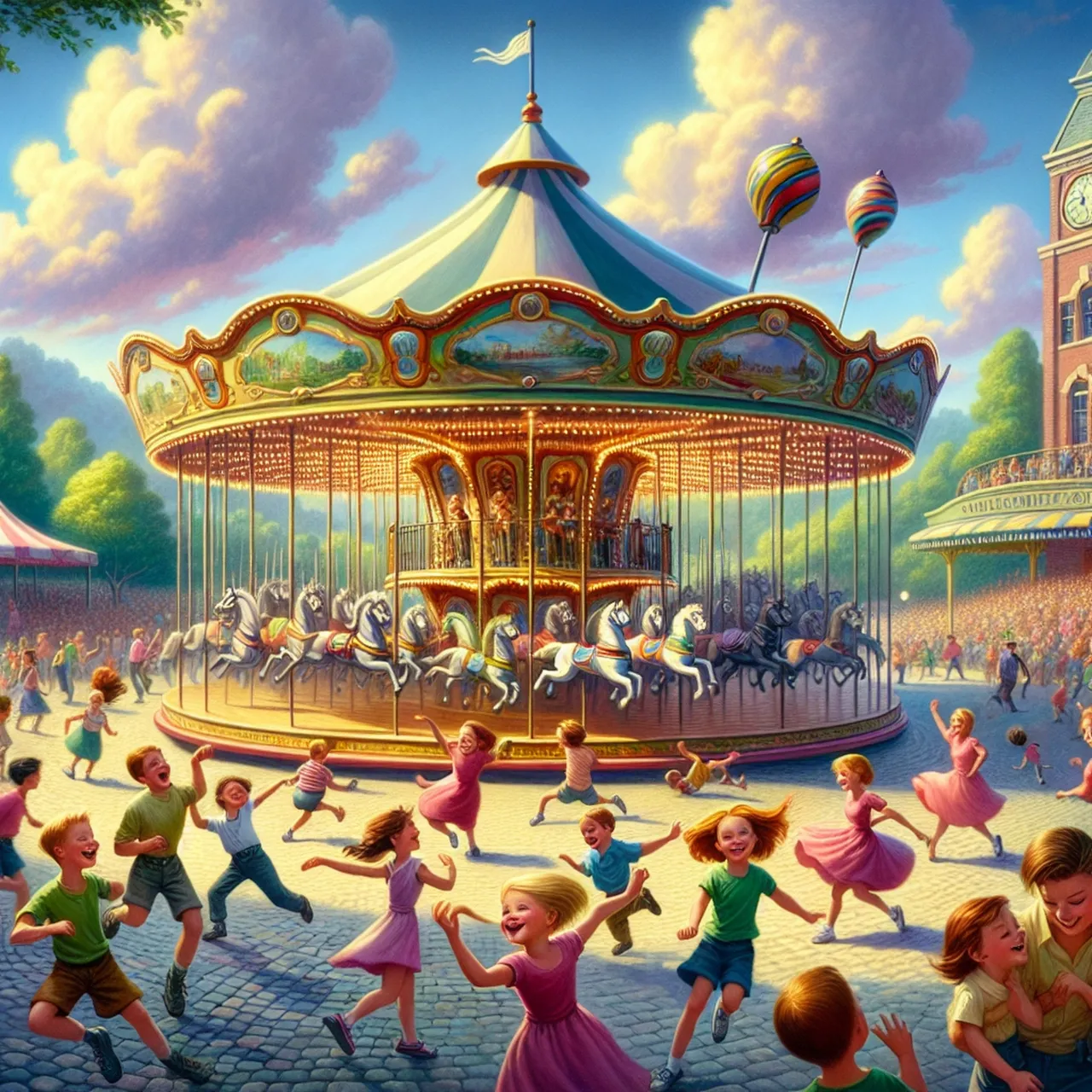 a painting of children dancing in front of a carousel