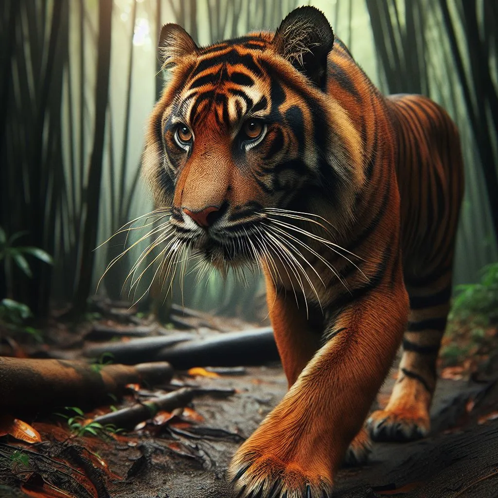 a tiger walking through a forest filled with trees