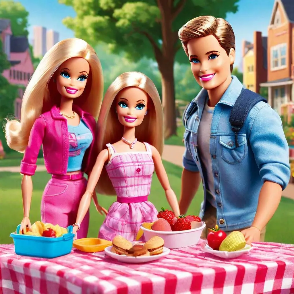 Barbie dolls in party dresses standing next to a floral arrangement on an outdoor garden table