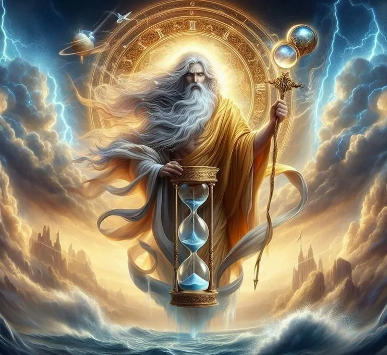 a painting of a wizard holding a hourglass