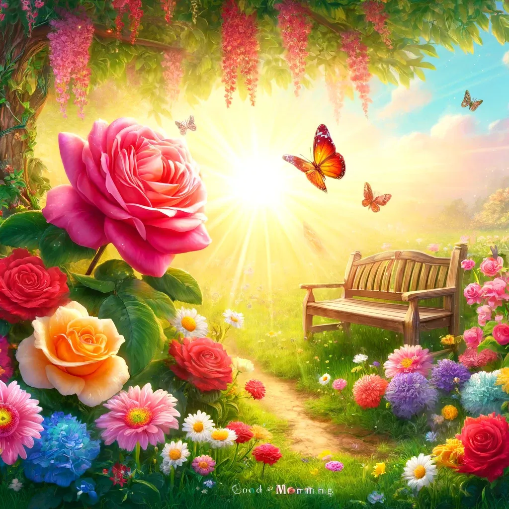 a painting of a bench and flowers with a butterfly flying over it