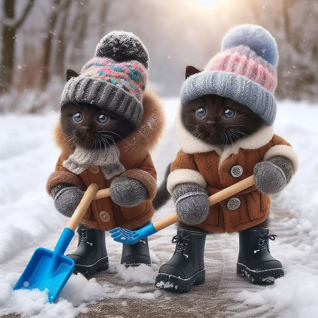 a couple of cats in winter clothes holding shovels