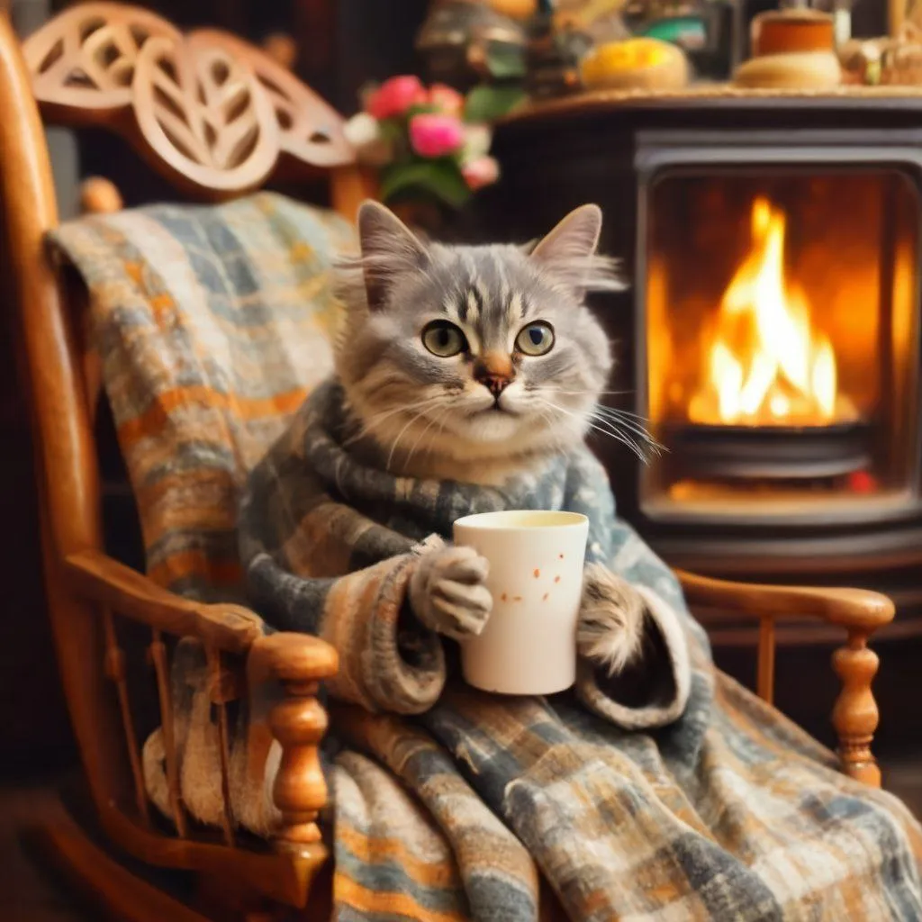 a cat sitting on a chair with a cup of coffee