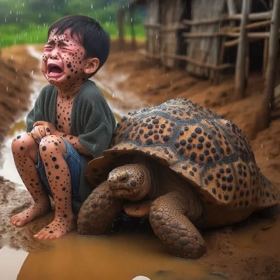 a young boy sitting on top of a turtle