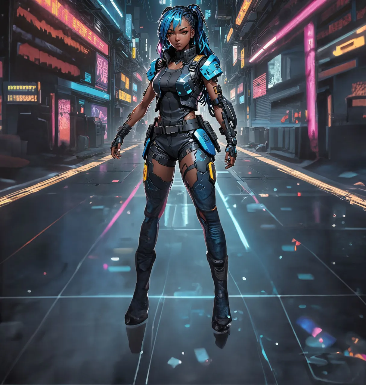 a happy, street dancing woman in a futuristic city with neon lights