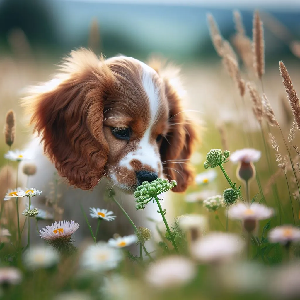 flower, plant, dog, liver, natural landscape, carnivore, grass, companion dog, dog breed, cavalier king charles spaniel