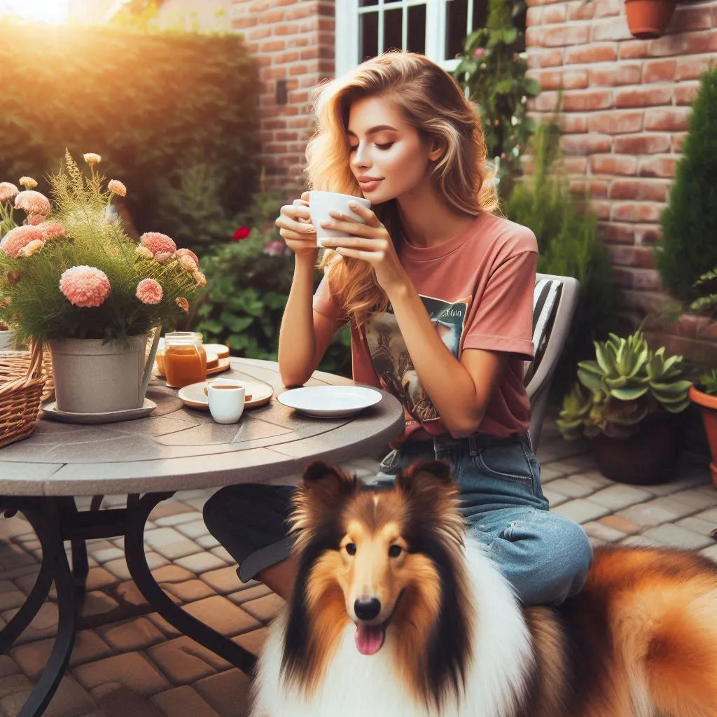 a woman sitting at a table with a dog