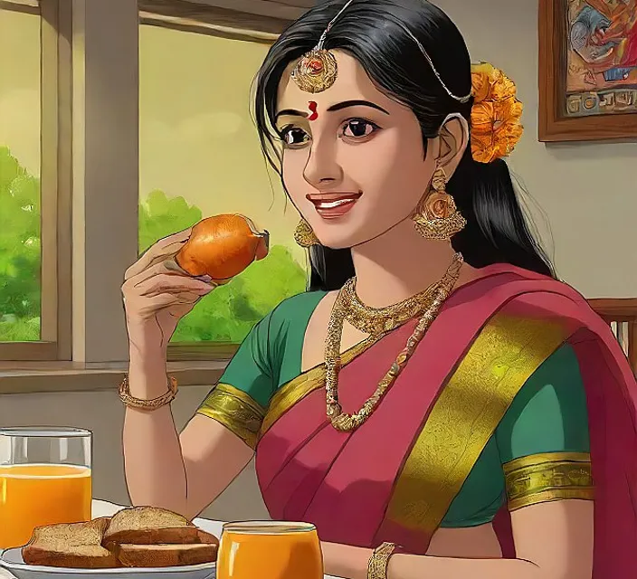 a beautiful Maharashtrian woman in a sari biting own lips while eating food, no deformity, no extra fingers, no extra hands