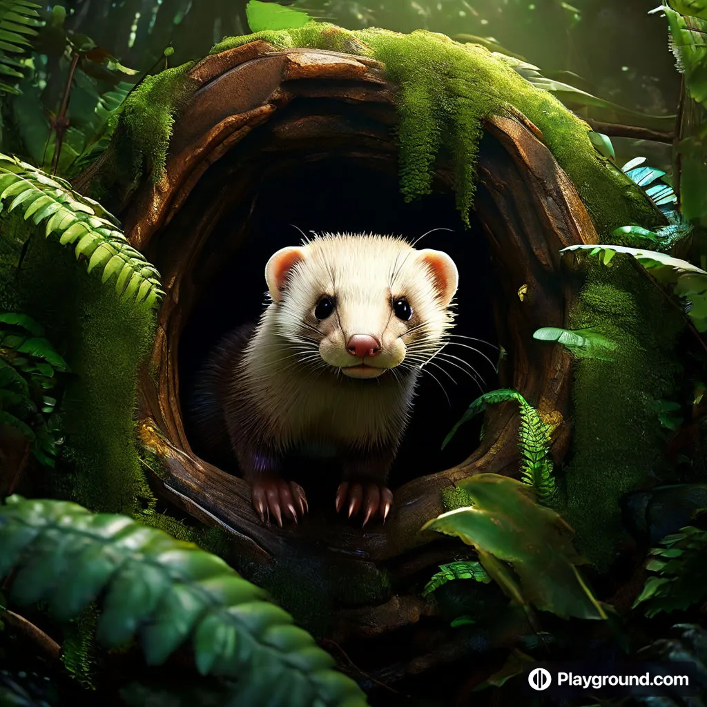 a ferret is peeking out of a hole in the forest