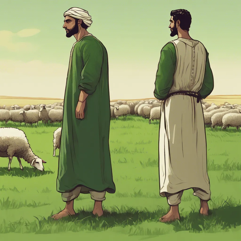 two men standing in front of a herd of sheep