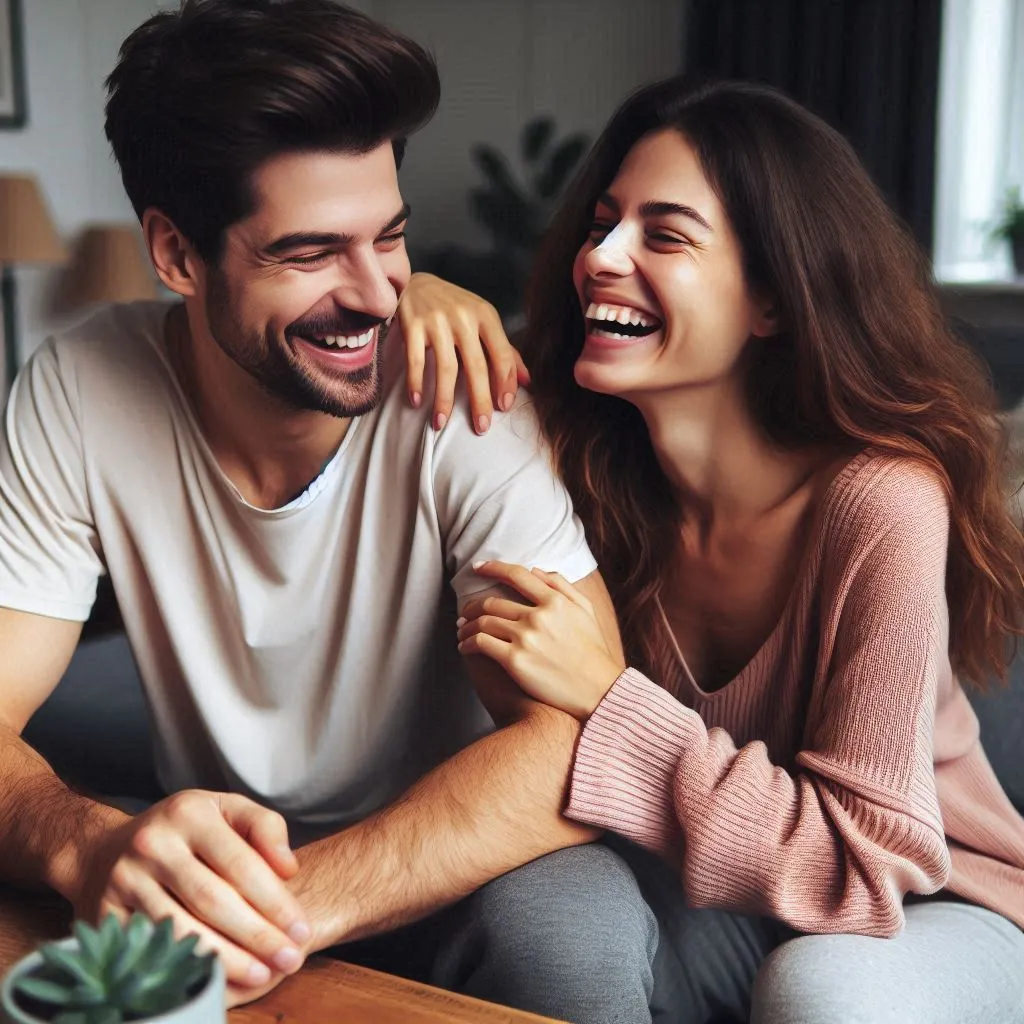 a man and a woman sitting on a couch laughing