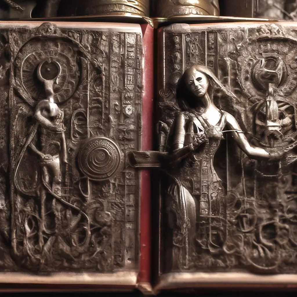 a close up of a book with a statue on it