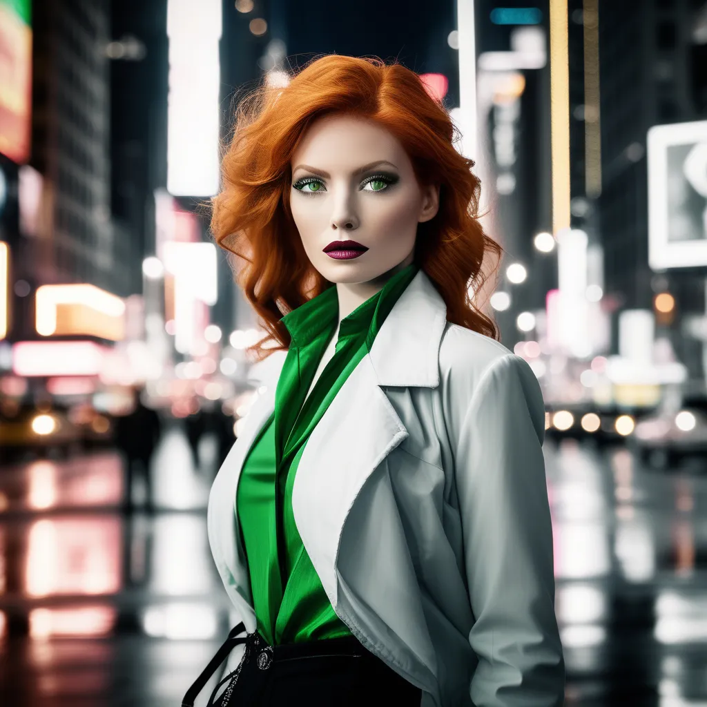 a woman with red hair and green eyes posing for a picture