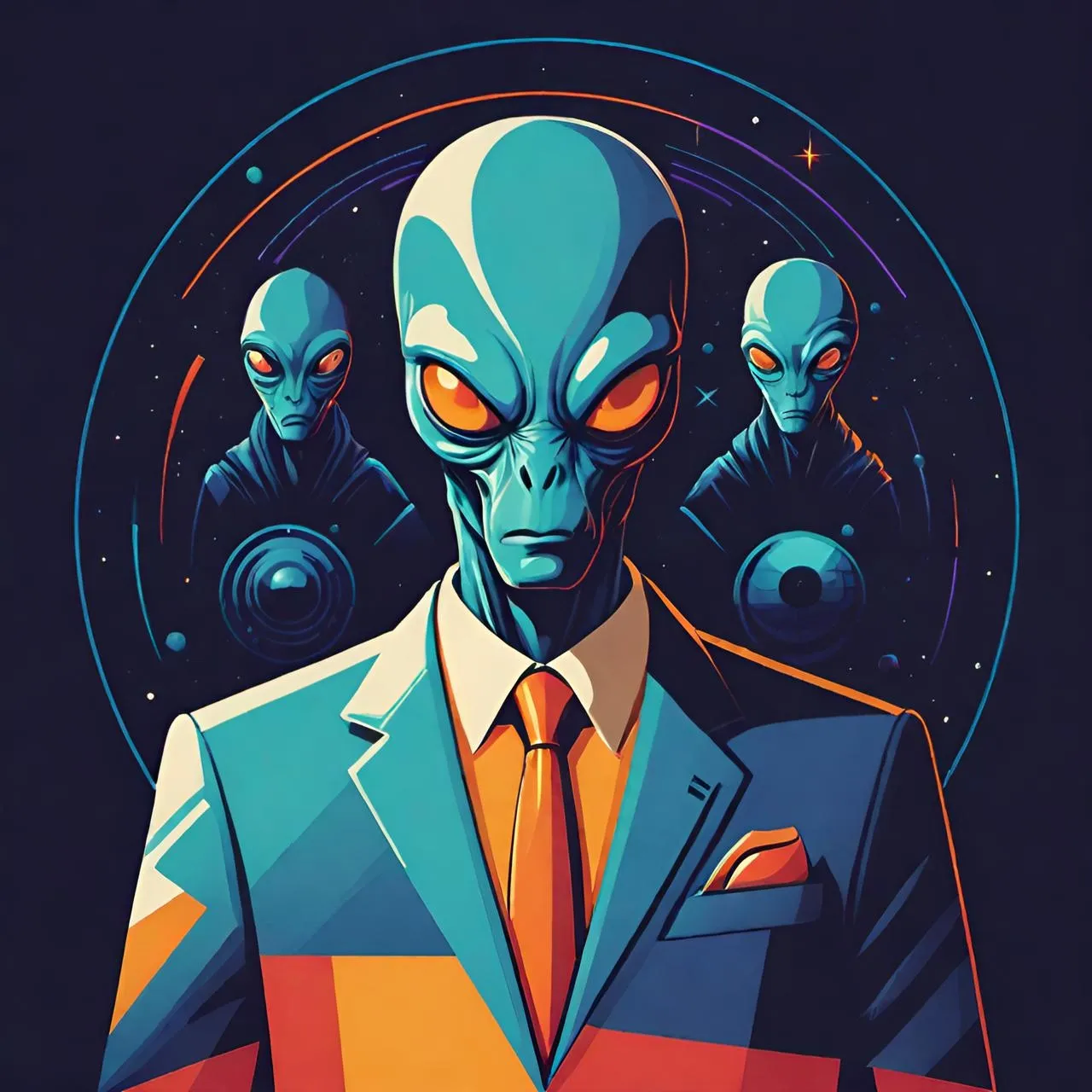 a man in a suit and tie with aliens in the background