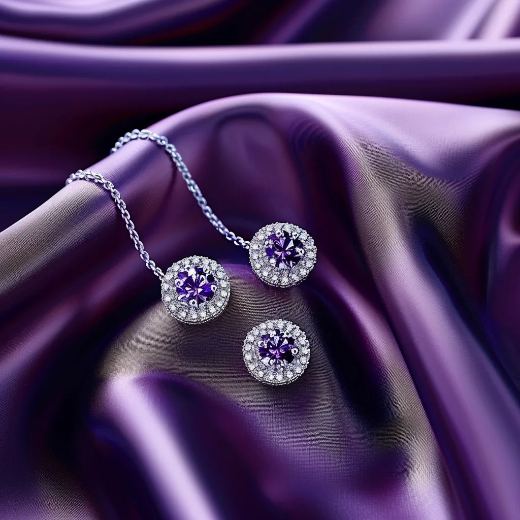 a pair of diamond earrings on a purple satin