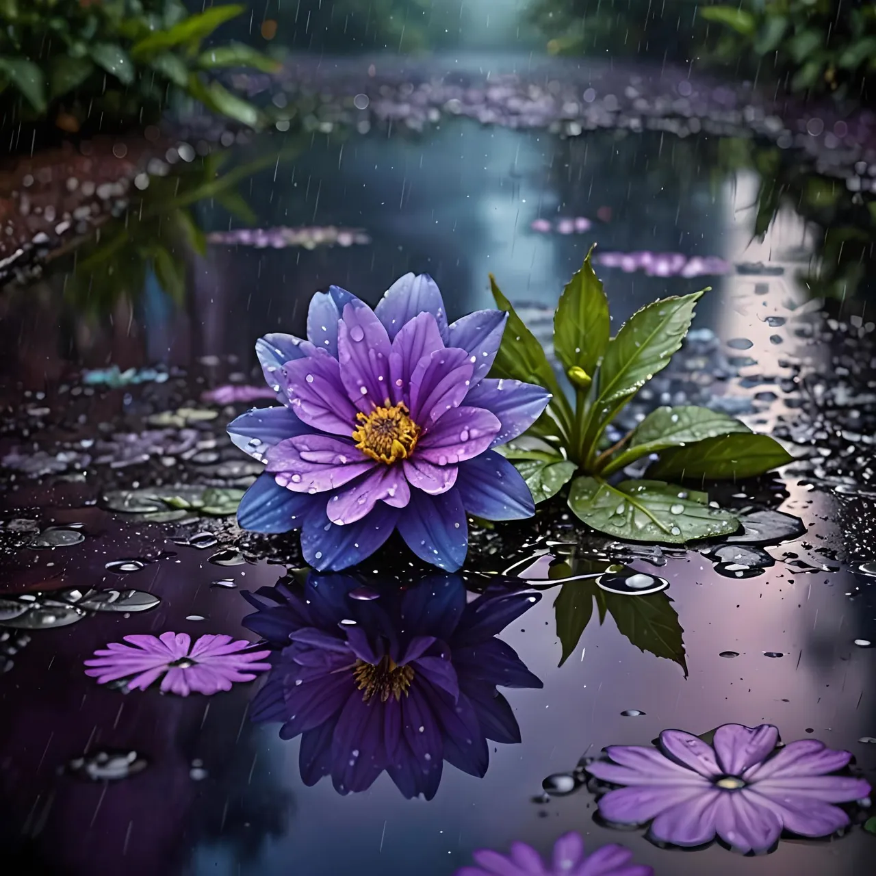 Purple flower shining in a dimly lit, rainy street, reflected in a puddle of water