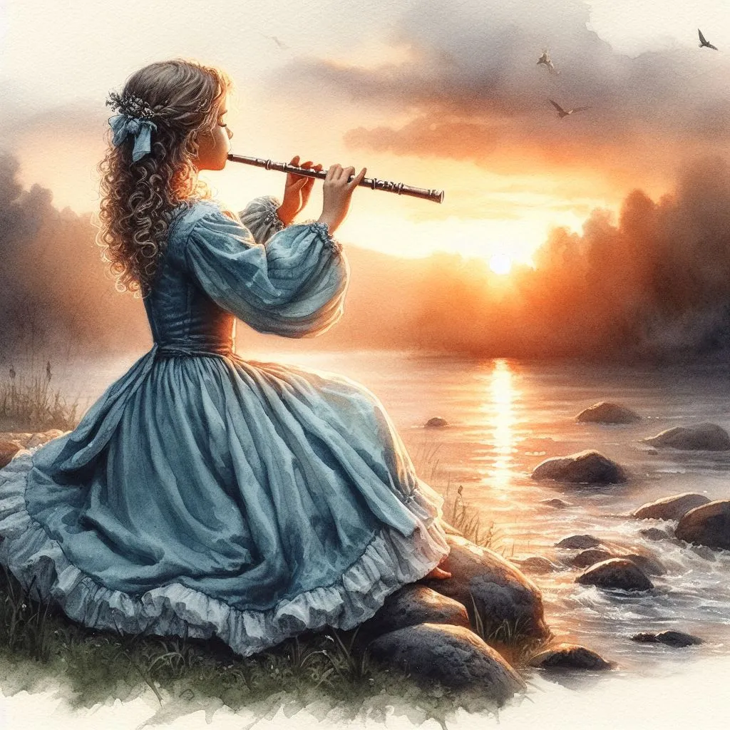 a painting of a girl playing a flute