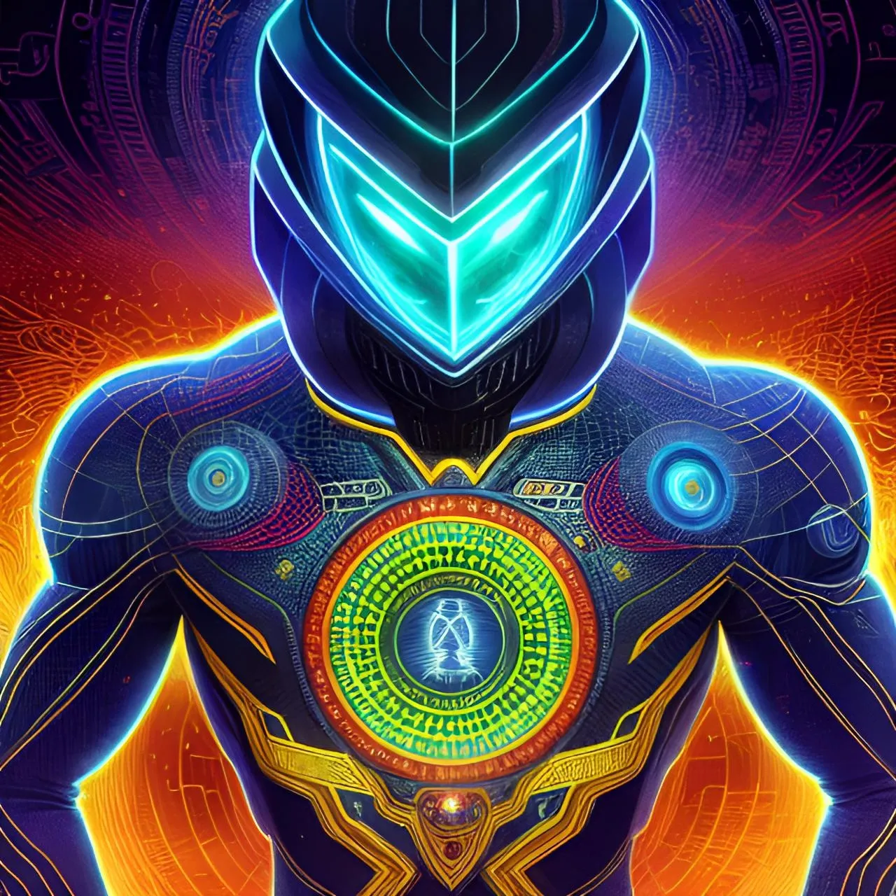 a man in a futuristic suit standing in front of a colorful background