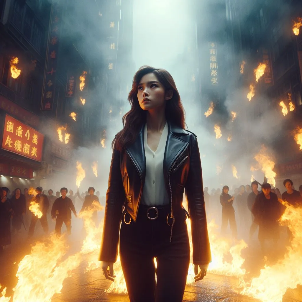 image of a powerful shot of the woman protagonist standing tall,  there are flames around, symbolizing their unstoppable spirit.