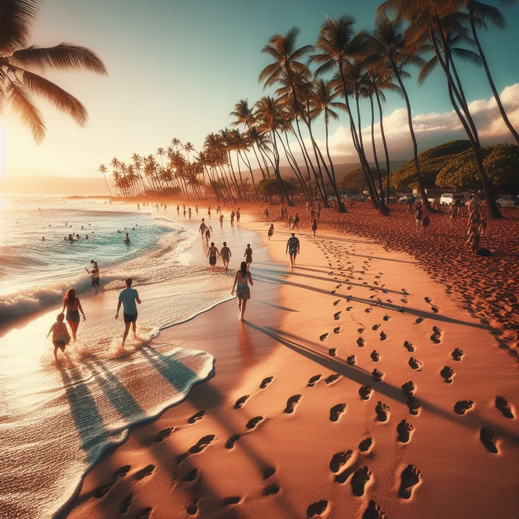 Footprints in the sand as people walk and dance along the Hawaiian beach