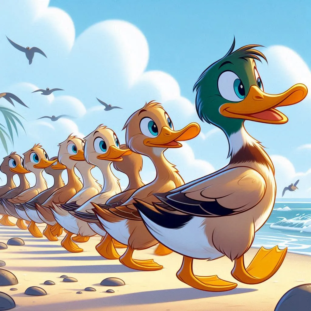 a bunch of ducks are lined up on the beach