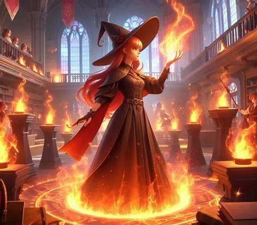 a woman in a witch costume standing in a room full of fire