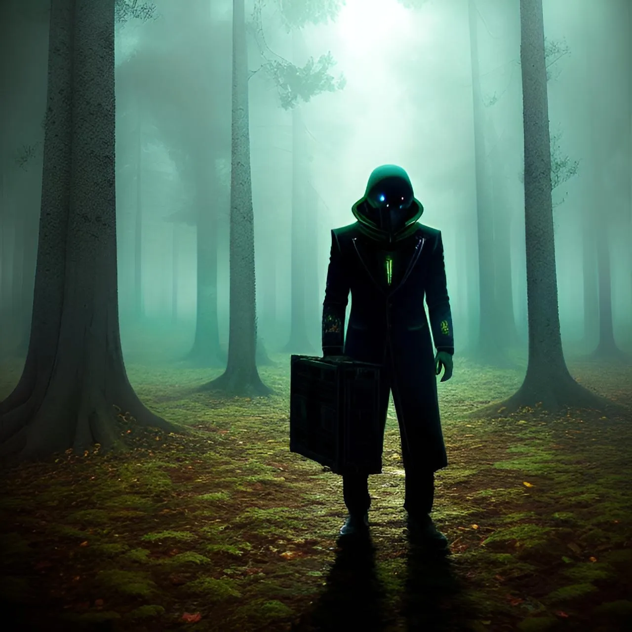 a man in a suit and gas mask standing in a forest