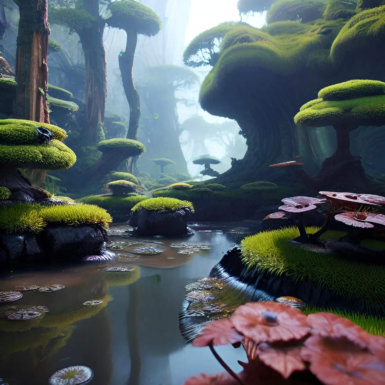 a pond surrounded by green plants and trees