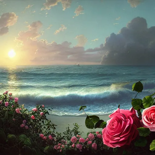 a painting of a sunset over the ocean with pink roses