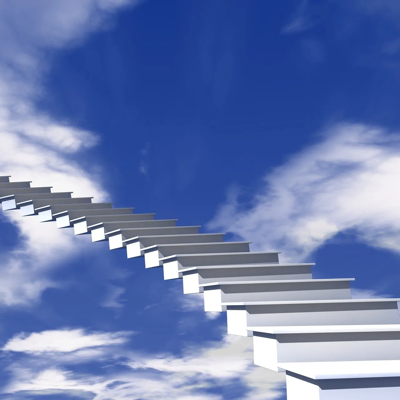 a white staircase going up into a green sky