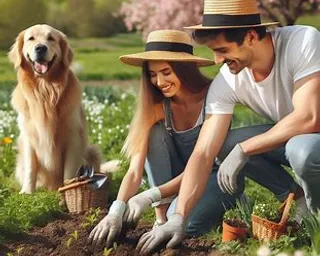 a man and a woman planting flowers with a dog