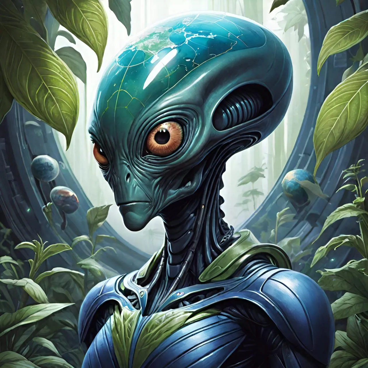 a painting of an alien in a forest