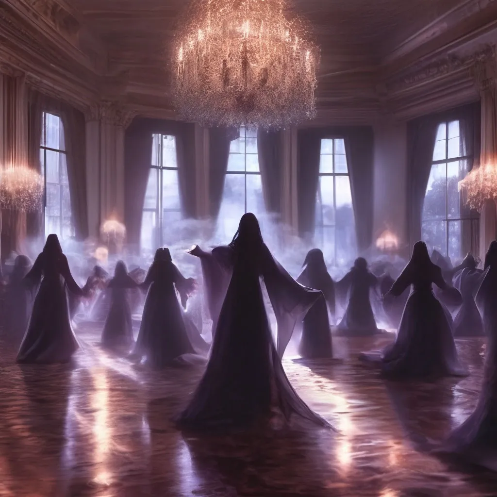 a group of women in long dresses dancing in a ballroom