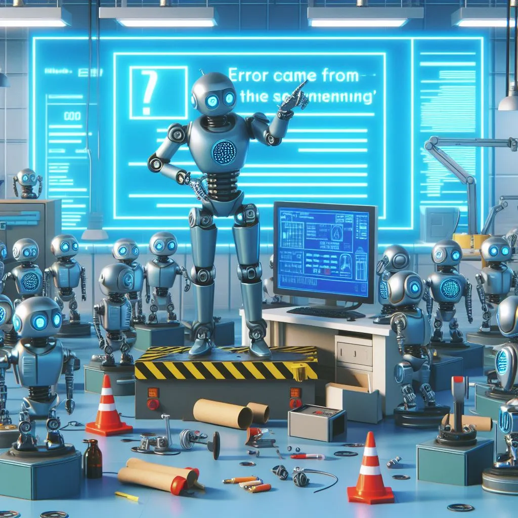 a group of robots standing in front of a computer