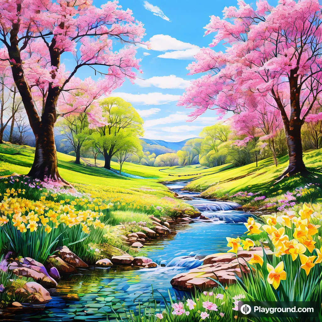 a painting of flowers and trees by a stream