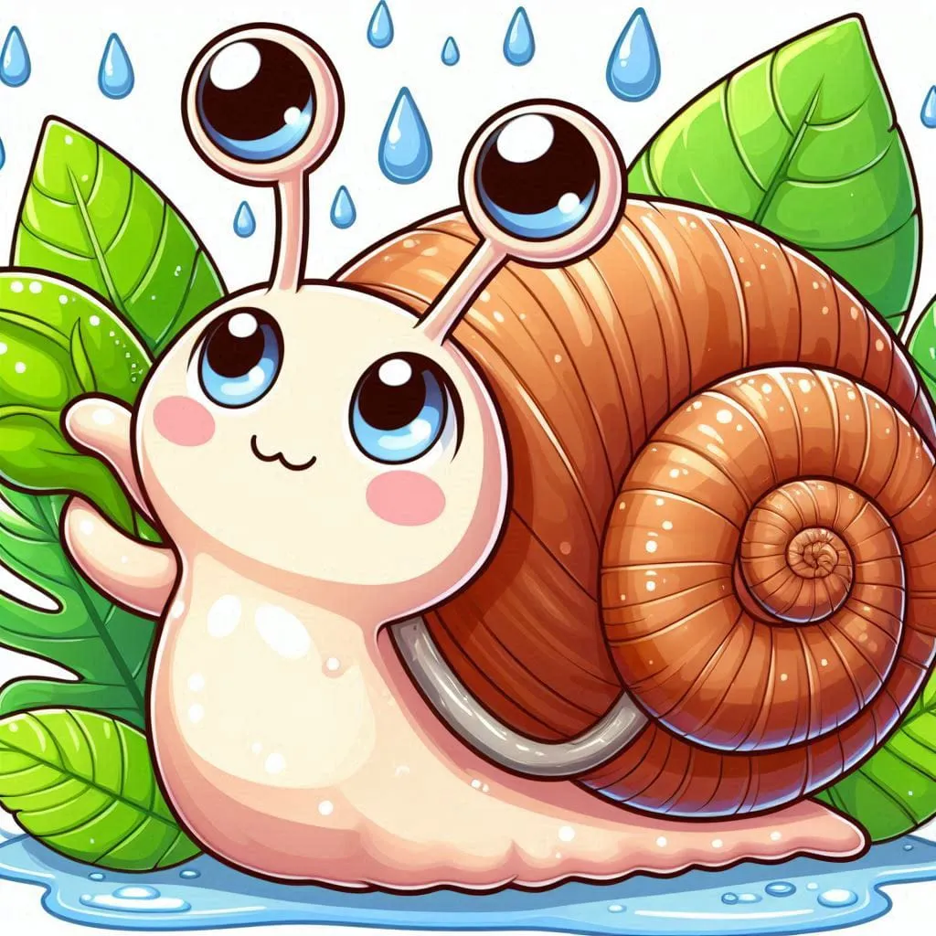 a snail with big eyes sitting on top of a green leaf