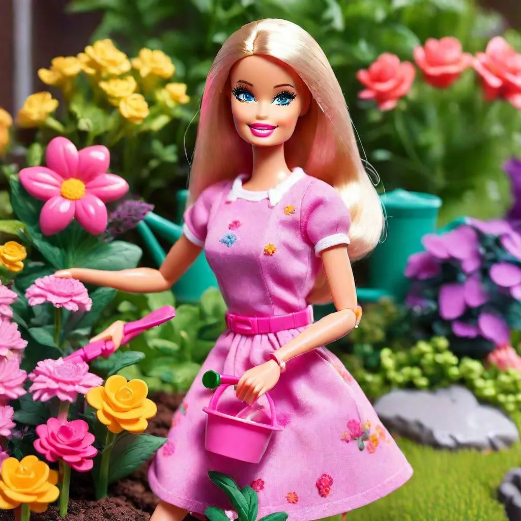 Barbie adorned in a multi-colored floral crown, surrounded by a circle of flower petals in various bright hues