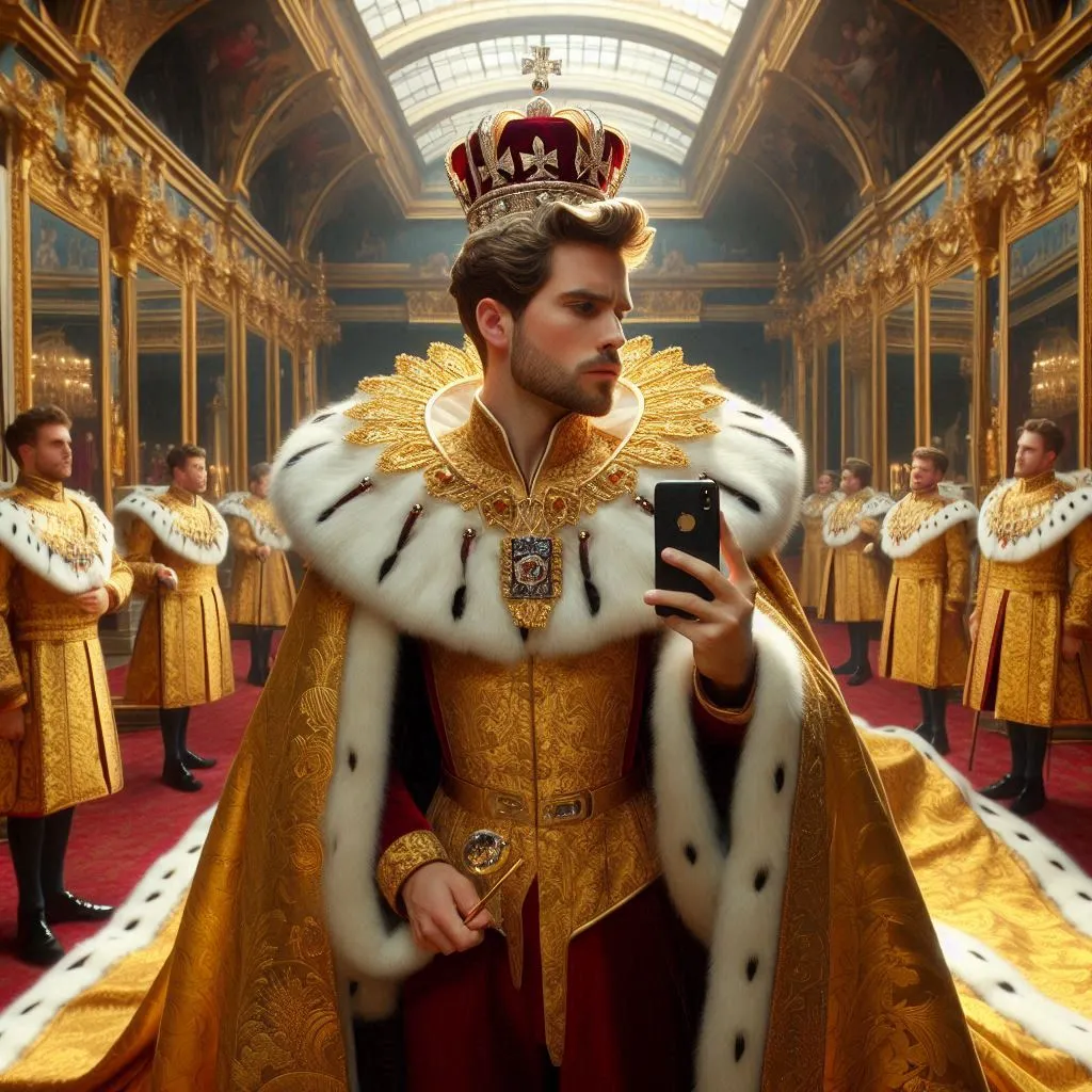 a man in a crown is holding a cell phone