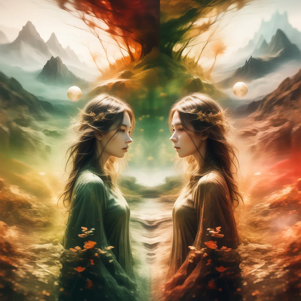 two women facing each other in a surreal landscape