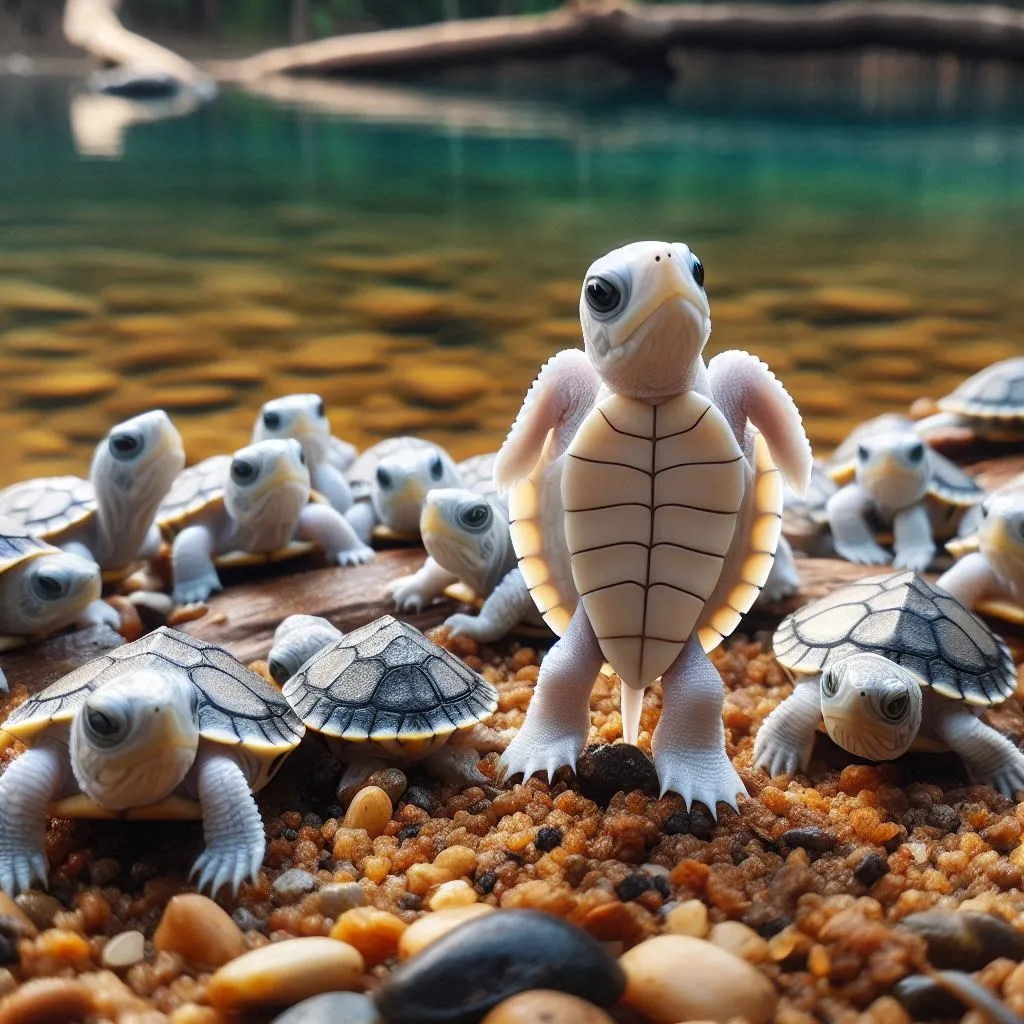 a group of small turtle figurines sitting on top of gravel