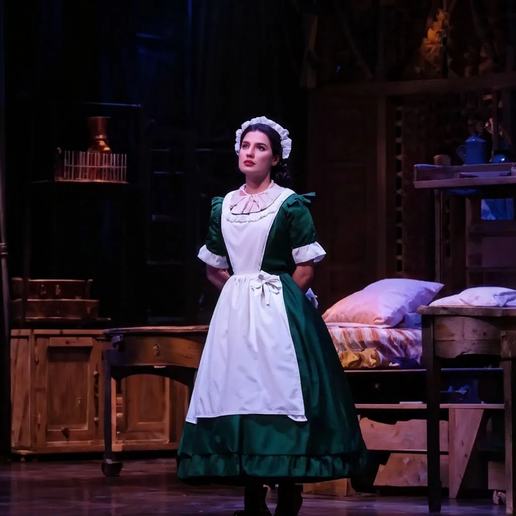 a woman in a green and white dress standing in front of a bed